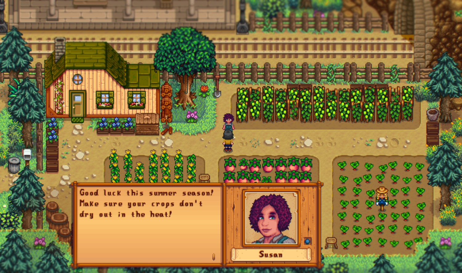 Susana from the Stardew Valley Expanded mod greeting the farmer