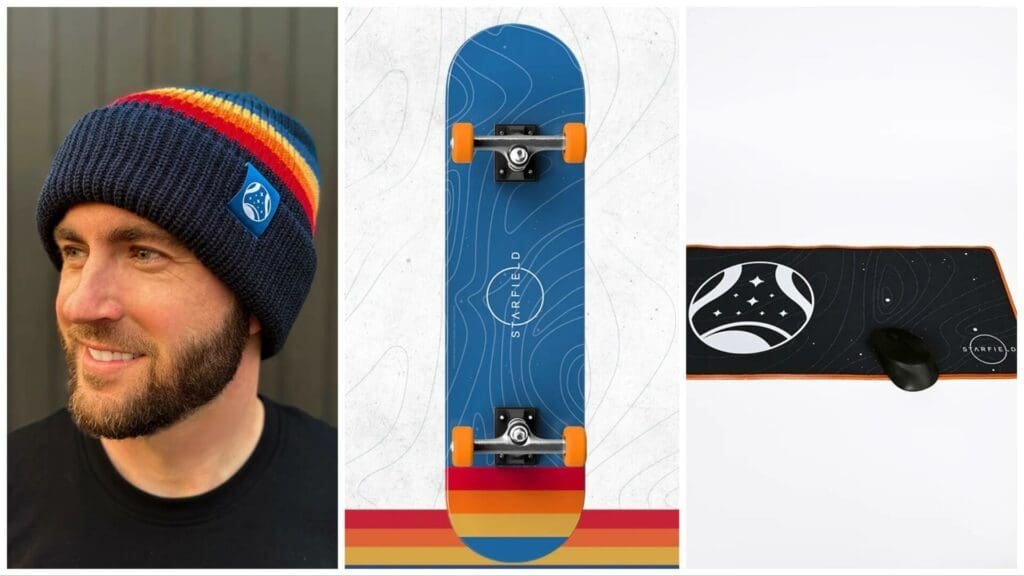 Starfield merchandise—beanie, skateboard, and desk mat (from left to right)