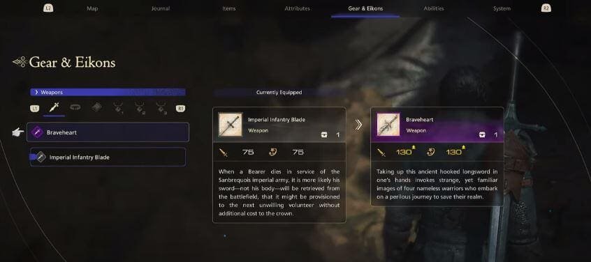 Final Fantasy 16 Gear & Eikons menu