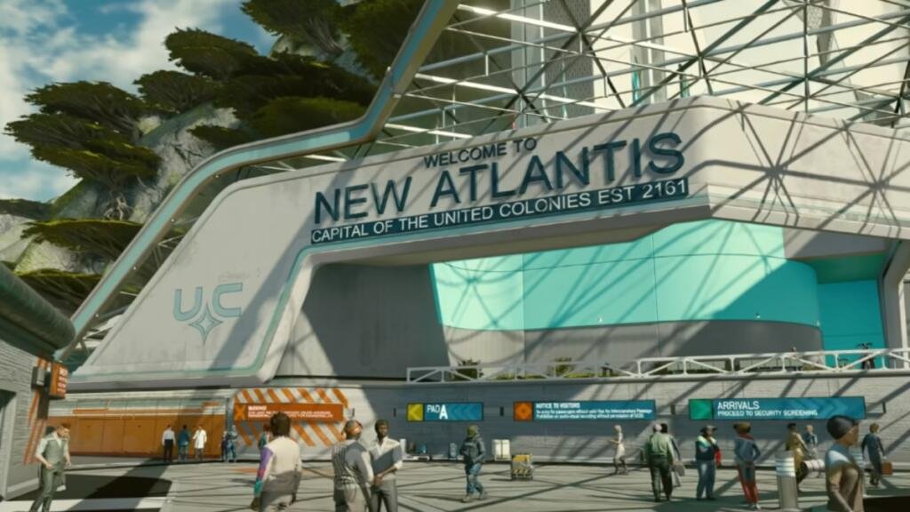 A sign from Star city that Reads 'Welcome to New Atlantis Established 2161'.