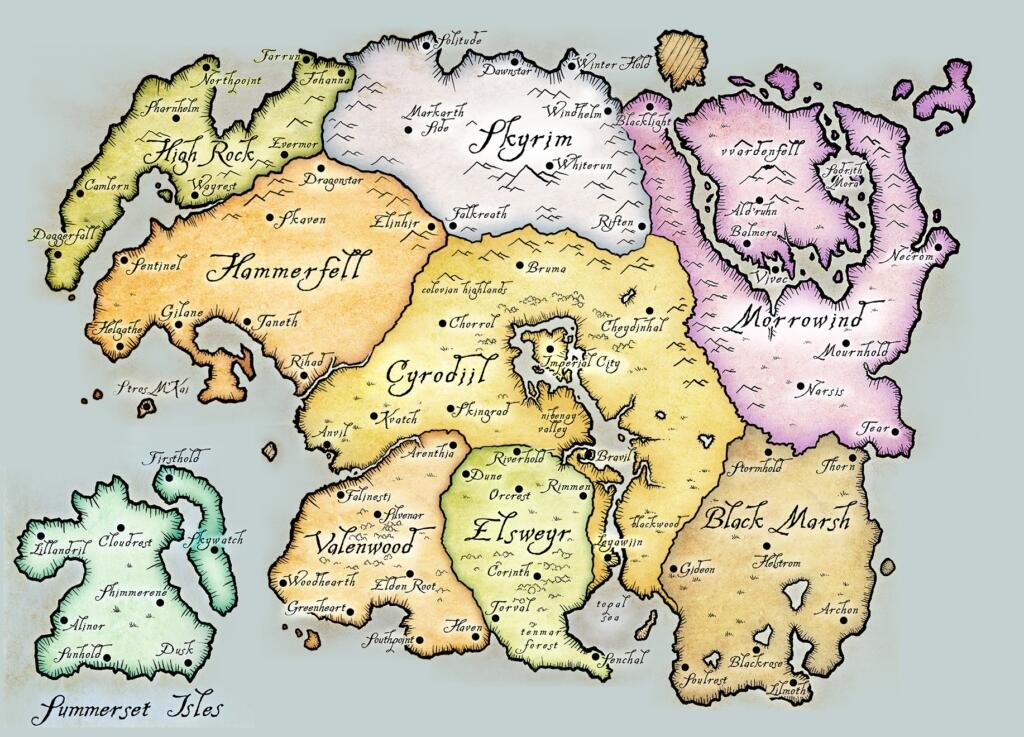 A map of Tamriel from The Elder Scrolls Games