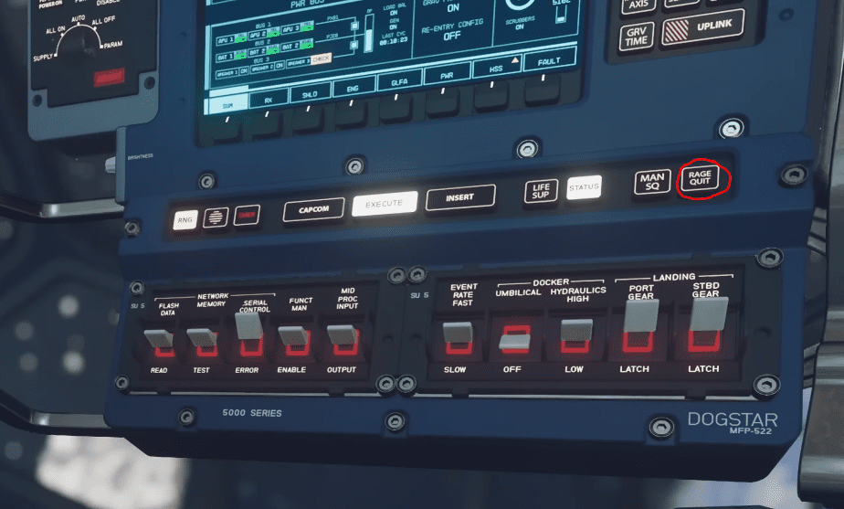 A space ship console with a 'Rage Quit' Button