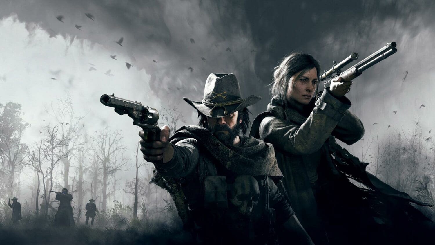 Hunt: Showdown cover art featuring the protagonists weilding firearms