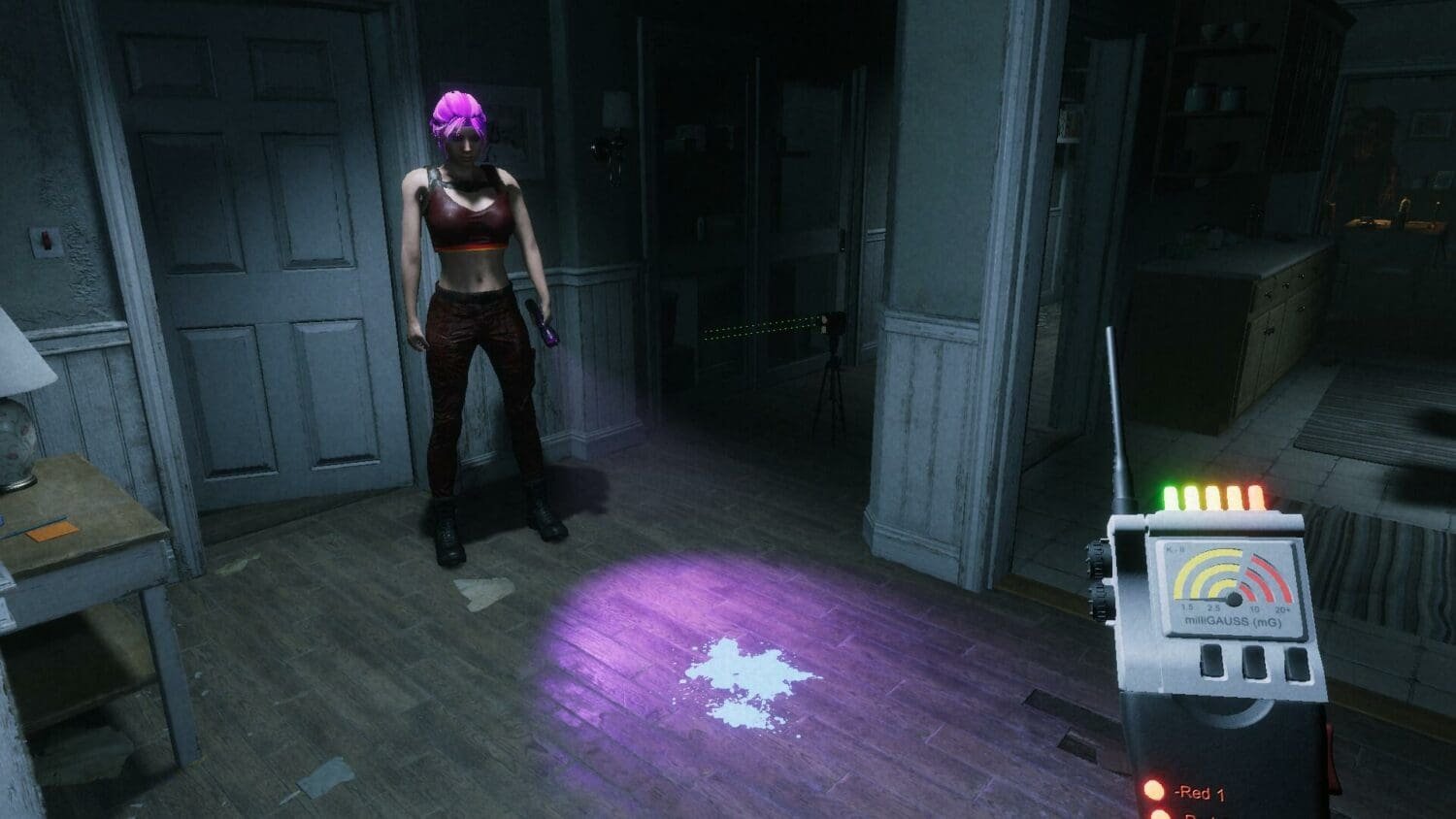 Characters from Ghostwatcher demonstrating the game's mechanics of using ultraviolet light and EMF sensors