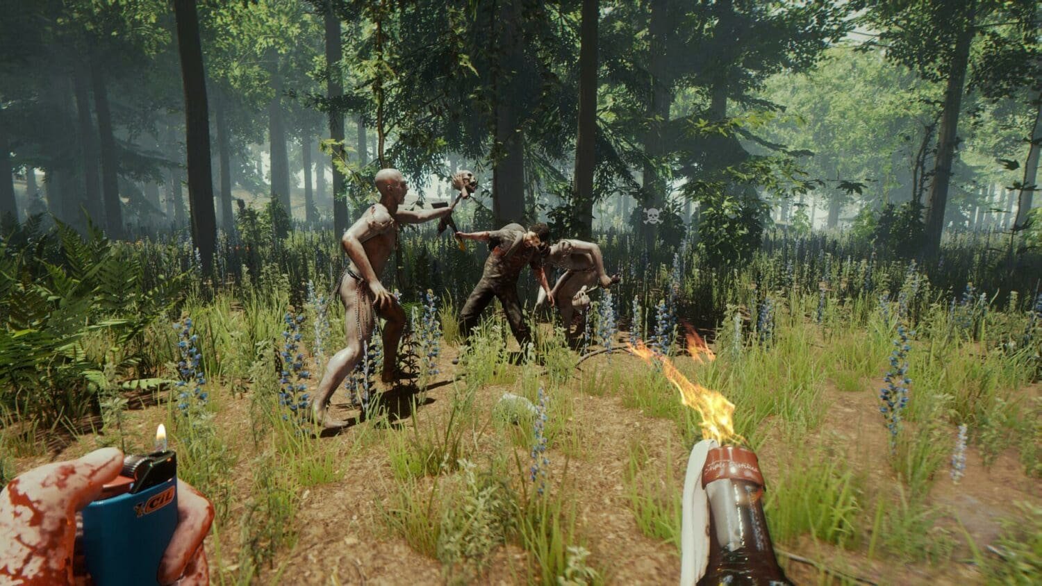 An image of player in the forest fighting cannibals