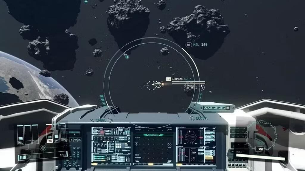 A picture of a space ship screen locked onto a ship bearing the name Grandma among some asteriods