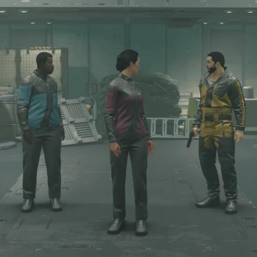 An Image of Starfield Characters in violet, blue and yellow uniforms 