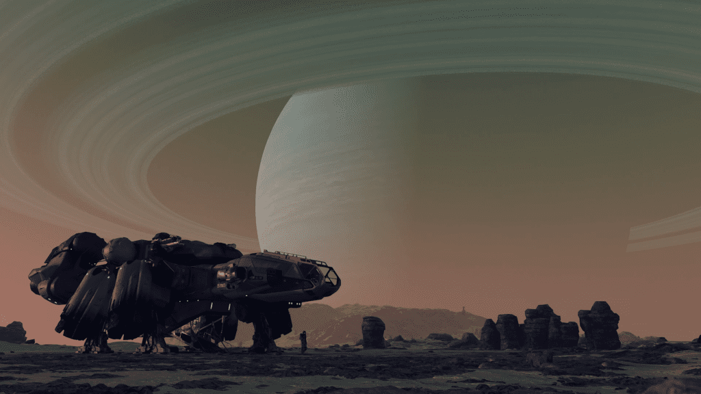 A shot of a landed space craft with Saturn like planet in the backgorund