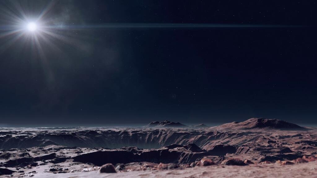 A close-up view of a desolate planet's surface with a star in the distance