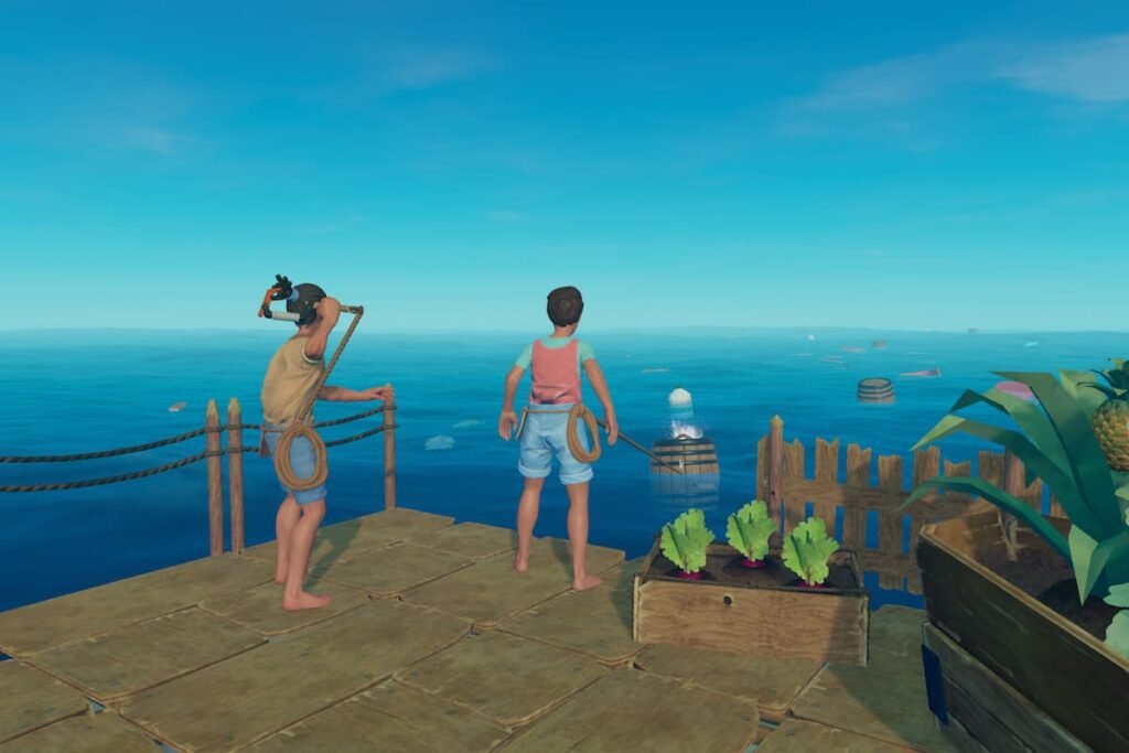 Two characters in Raft near pier.