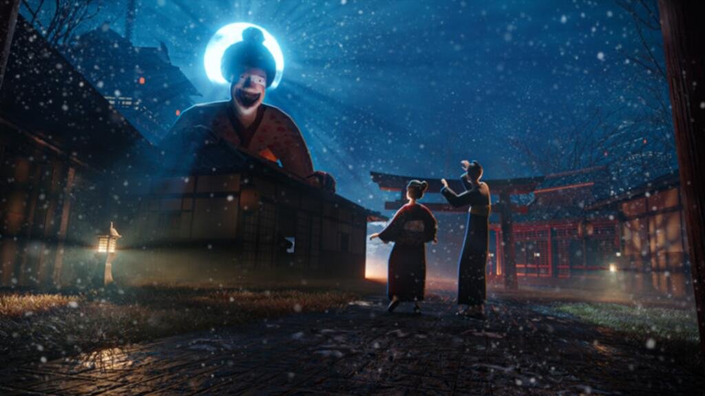 Screenshot from Geisha featuring characters looking at a giant Japanese Clown 