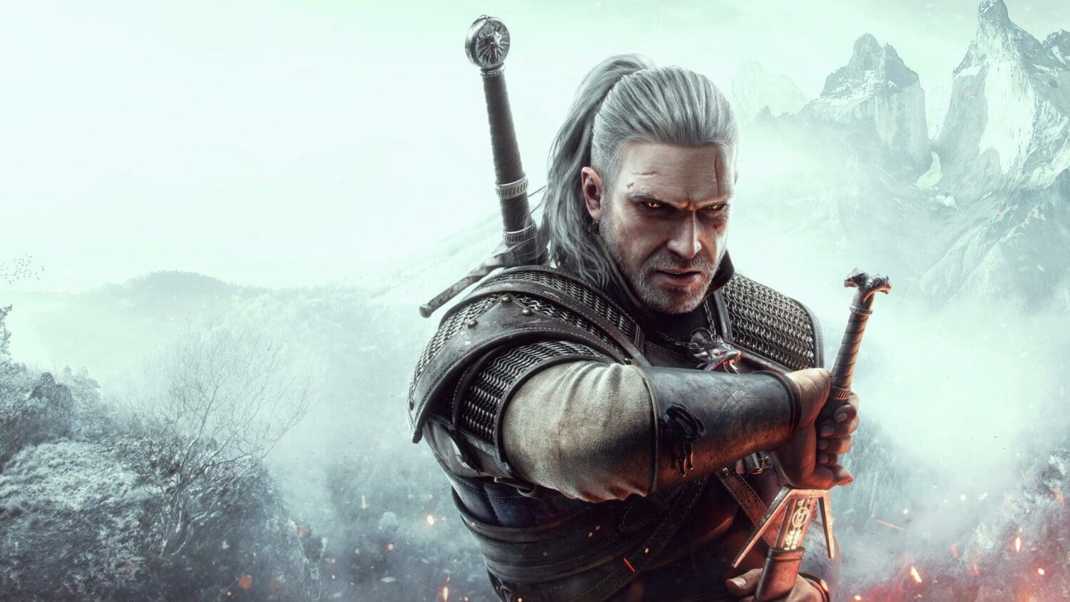 Witcher 3 cover art with Geralt of Rivia unsheathing his sword