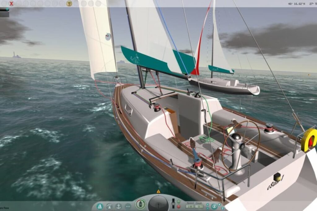 A ship being sailed in eSail Sailing Simulator.