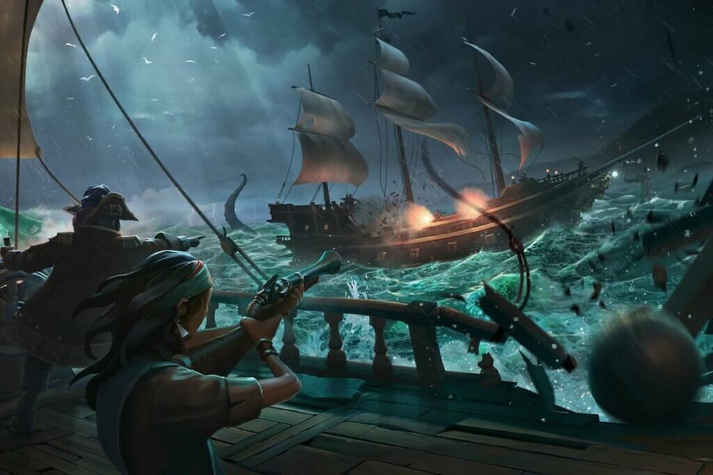 Ships fighting the Kraken in Sea of Thieves.