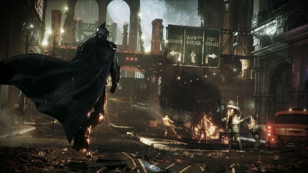 Artwork of Batman walking through the streets of Gotham in Batman Arkham Knight