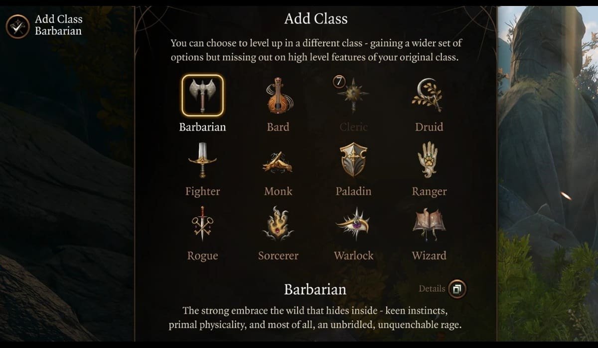 Add Class menu for Multiclassing in Baldur's Gate 3