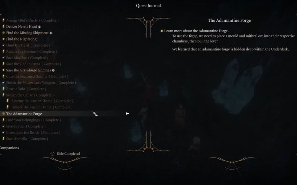 Baldur's Gate 3 Adamantine Forge guide quest journal entry