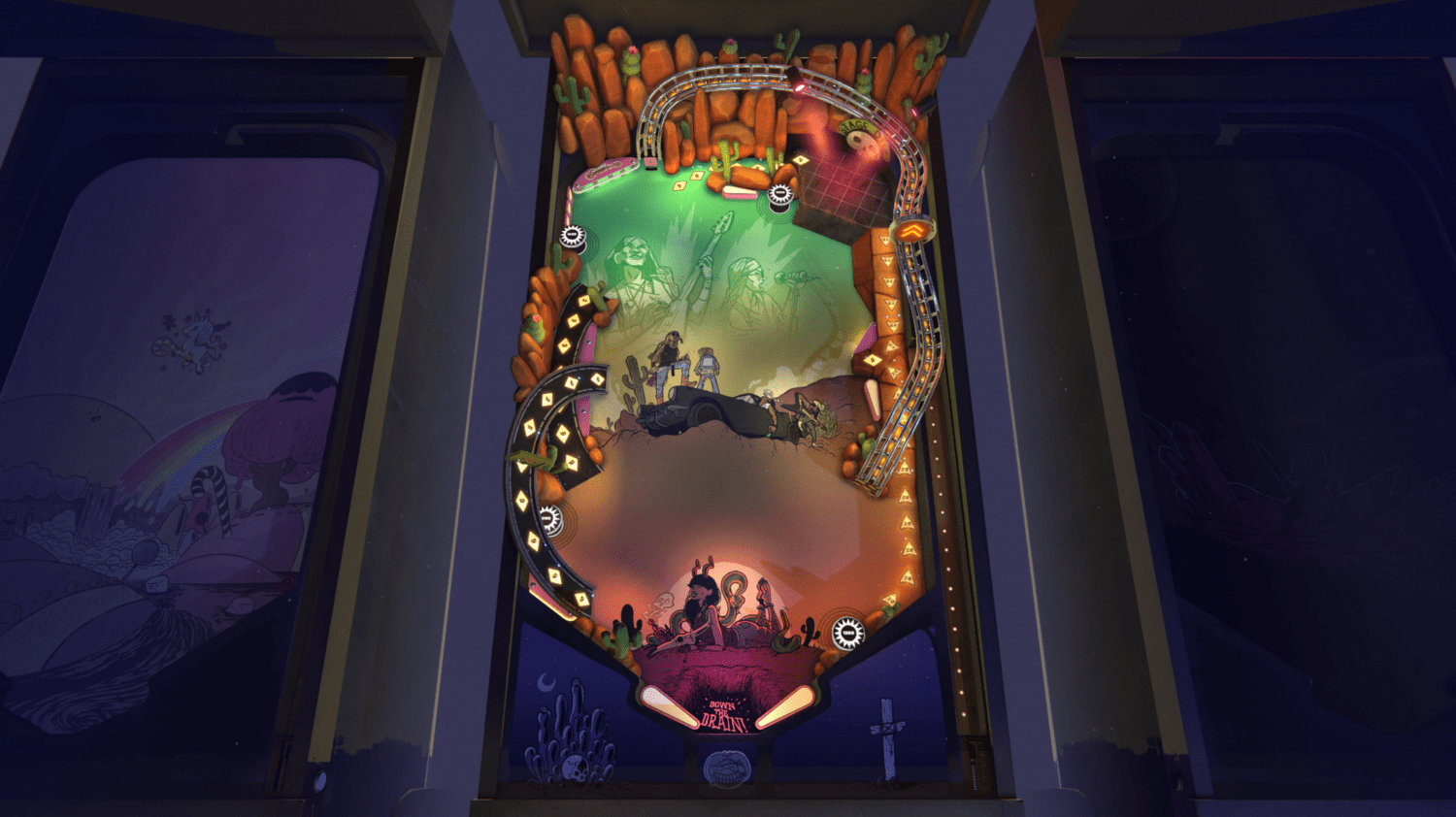 Arcade Sundown Pinball Design: Giants of Sleaze. The image features one of the designs for the Pinball Machines in Arcade Sundown. This is the Giants of Sleaze, it features an Arizona desert and hippy rock band illustrations.