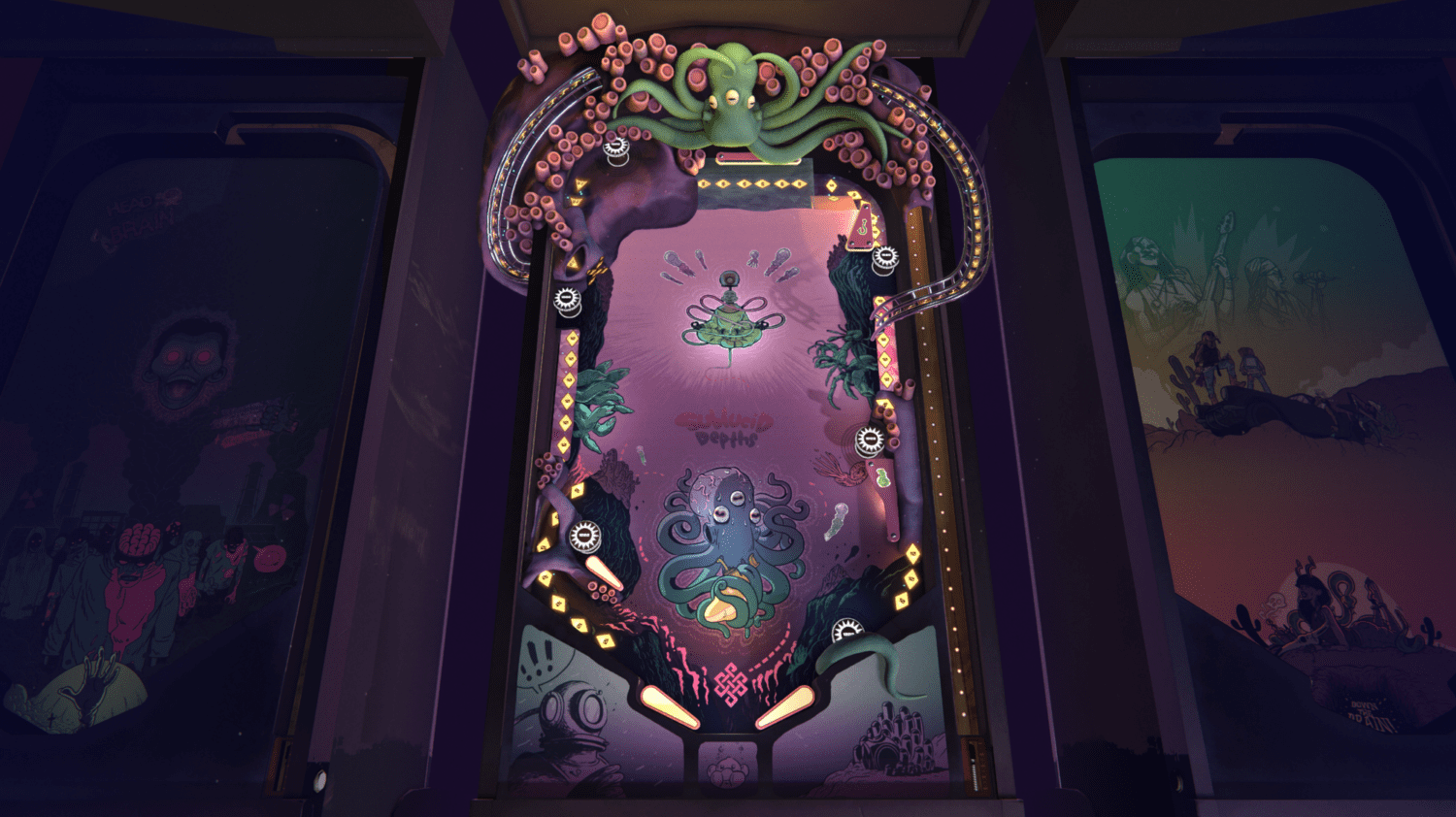 Arcade Sundown Pinball Design: Sublucid Depths. The image features one of the designs of the Pinball machines in Arcade Sundown. This is Sublucid depths that features a range of vertical levels that the player can traverse and has a fun monstrous approach to the deep ocean