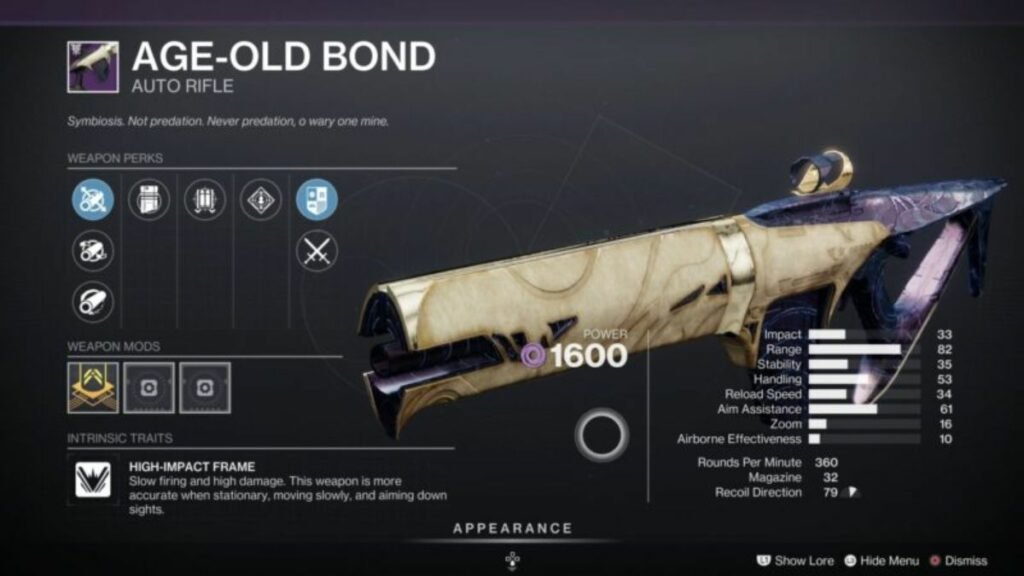 Age Old Bond Auto Rifle stats Destiny 2