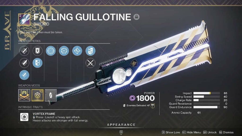 falling guillotine pve pvp god roll destiny 2