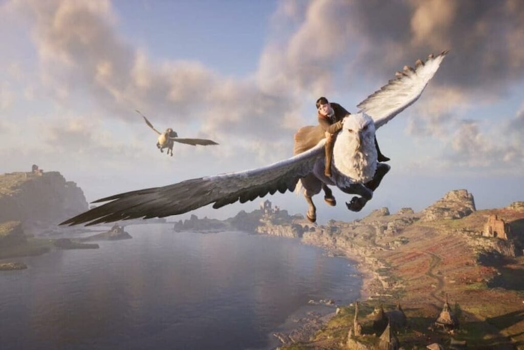 30 Best Games On PS Plus Extra To Play Right Now | | GamesHorizon Two characters in Hogwarts Legacy riding animals through sky.