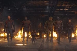 Chris Pratt as Peter Quill/Star-Lord, Dave Bautista as Drax, Rocket (voiced by Bradley Cooper), Zoe Saldana as Gamora, Groot (voiced by Vin Diesel), Karen Gillan as Nebula, and Pom Klementieff as Mantis in Marvel Studios' Guardians of the Galaxy Vol. 3.