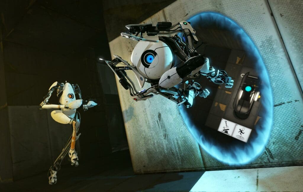 ATLAS and P-body next to a portal in Portal 2