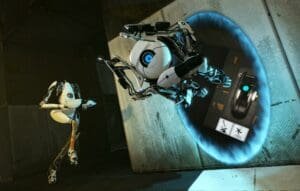 ATLAS and P-body next to a portal in Portal 2