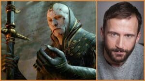 Elias in Diablo 4 on the left, and Anthony Howell, the character's voice actor on the right