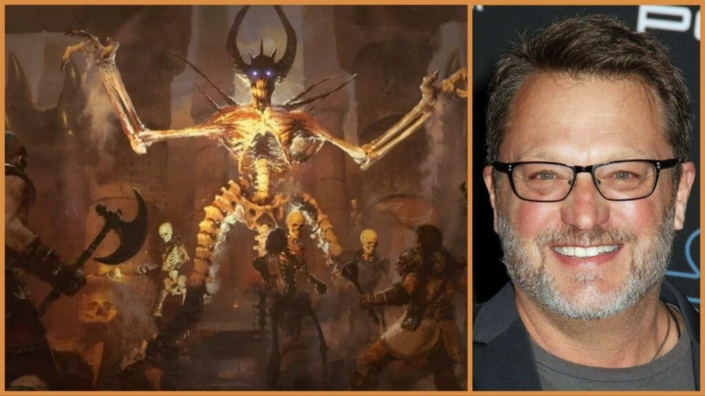 Mephisto from Diablo 4 on the left, and Steve Blum, his voice actor, on the right