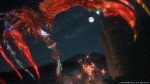 Final Fantasy 16 Eikon Battle. Image features the opening scene of Final Fantasy that leads up to the Eikon battle between the Phoenix and the Efrit.