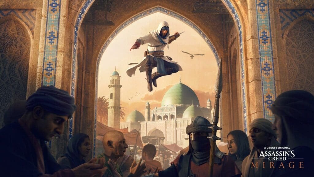 Basim leaping into action in the cover of Assassin's Creed: Mirage