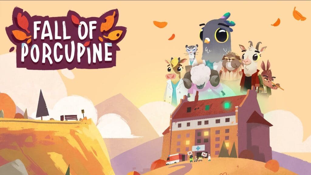 Fall of Porcupine. Image features St Ursula's the hospital in Fall of Porcupine . Above it is a collage of Finley, the protagonists and other characters we meet in the game around him. The logo of the game is in the top left corner