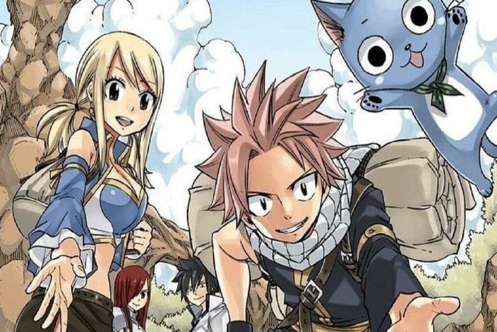 Natsu, Lucy, Happy, Gray, and Erza in an official art by mangaka Hiro Mashima