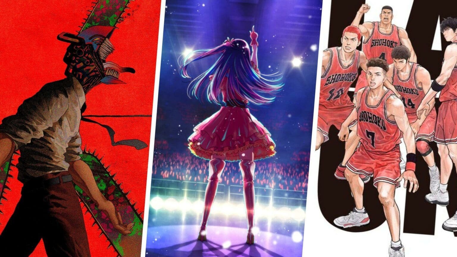 Key visual of Kick Back from Chainsaw Man, Idol from Oshi no Ko, and The First Slam Dunk