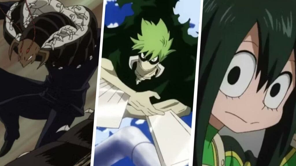 Three animal-based heroes in the My Hero Academia world aka Centipeder, Jack Mantis and Froppy aka Tsuyu Asui