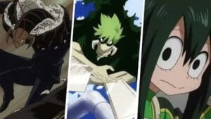 Three animal-based heroes in the My Hero Academia world aka Centipeder, Jack Mantis and Froppy aka Tsuyu Asui