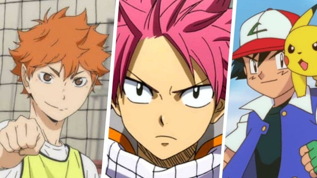 Protagonists of 3 family-friendly anime - Hinata, Natsu, Ash