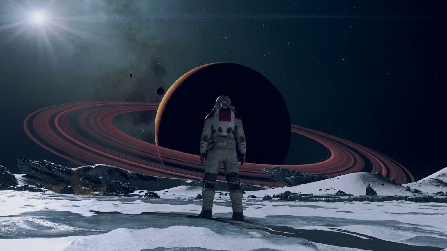 A Spaceman staring a planet similar to saturn