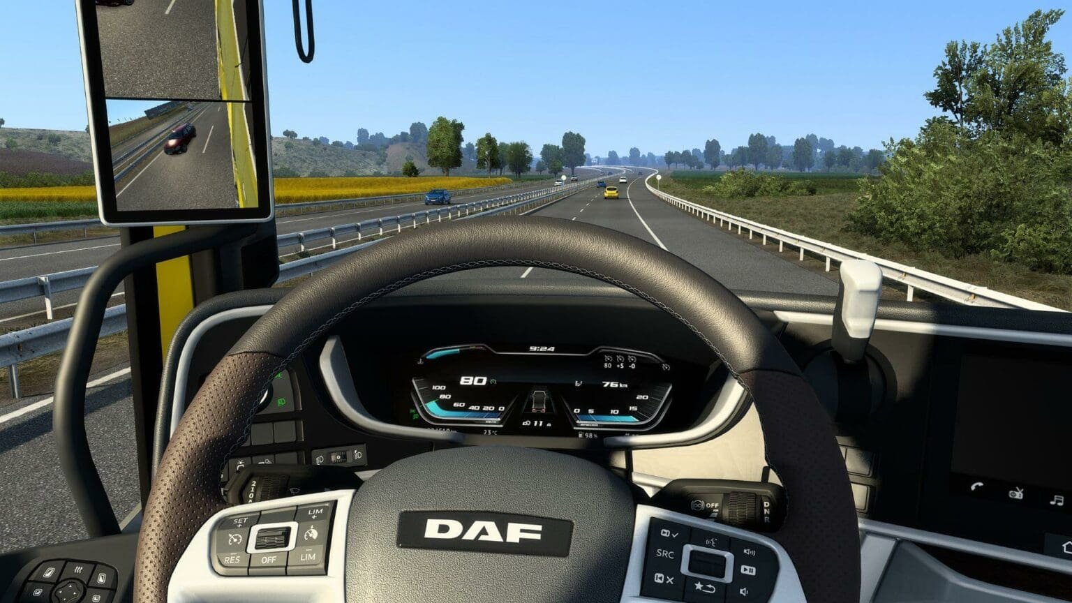 Cockpit view of a DAF XG truck in Eurotruck simulator 2