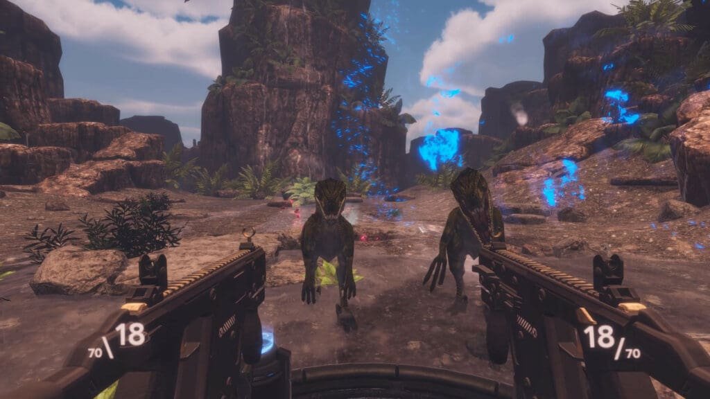 The Best PS4 Dinosaur Games To Play Right Now | best ps4 dinosaur games | GamesHorizon Gameplay from Time carnage with dual wielded machine guns aimed at a couple of velociraptors