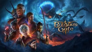 Baldur's Gate 3. The image features the Key art of Baldur's Gate 3. On the left is all the NPCs that can become a part of your party. On the right is the logo of the game