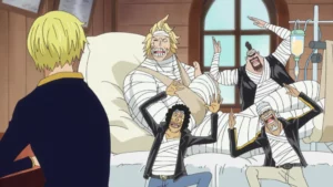 Duval in One Piece, all bandaged up after his heroic actions to save the Straw Hats