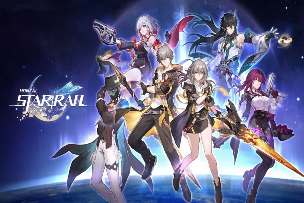 Many characters from Honkai Star Rail above a planet with a light beam behind them.