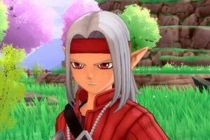 The player character in Dragon Quest Monsters: The Dark Prince with silver hair, a red jacket and red eyes in a grassy area.