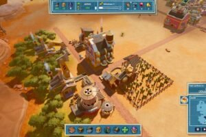 A cactus farm next to tractors tearing down trees in a desert town in SteamWorld Build.