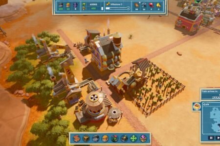 A cactus farm next to tractors tearing down trees in a desert town in SteamWorld Build.