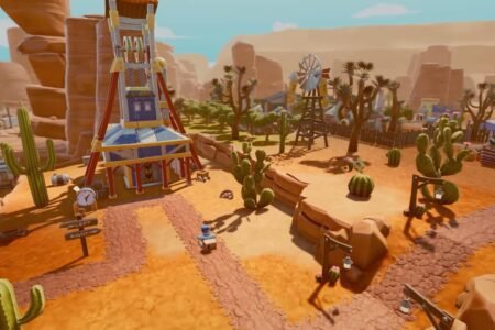 A robot in SteamWorld Build walking down a path with objects in his hand. He is near a signpost and a tower in a desert Old Western town.