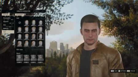 A character creator in The Day Before featuring a blonde person with a brown jacket in a forest with a city in the background.